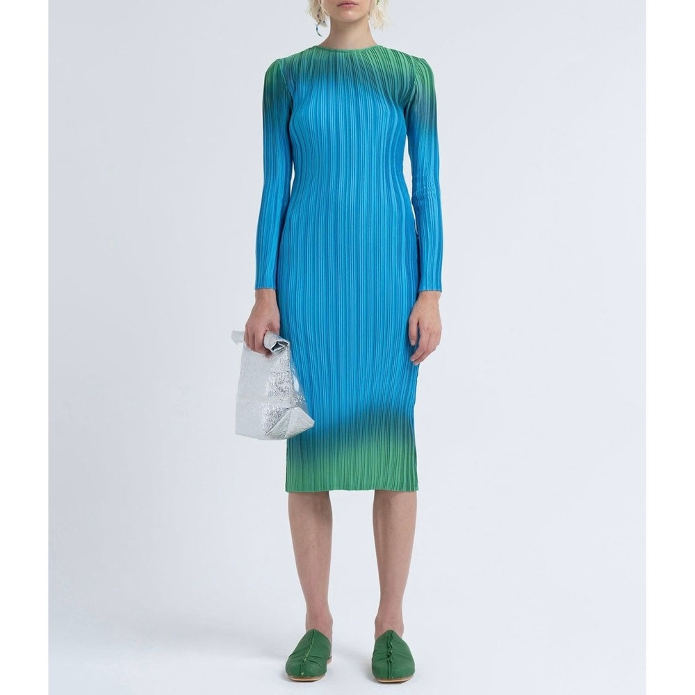 Arthur Box Pleat Crew Neck Midi Dress Green Orb Blue Ombre Long Sleeve 4 US 8 UK